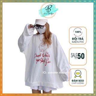 [Có Ảnh Thật] Áo Sweater Nỉ Hình Cậu Bé To Kiss, Áo Sweater Nữ Trắng Form Rộng Siêu Xinh Anne Boutique Mã 704
