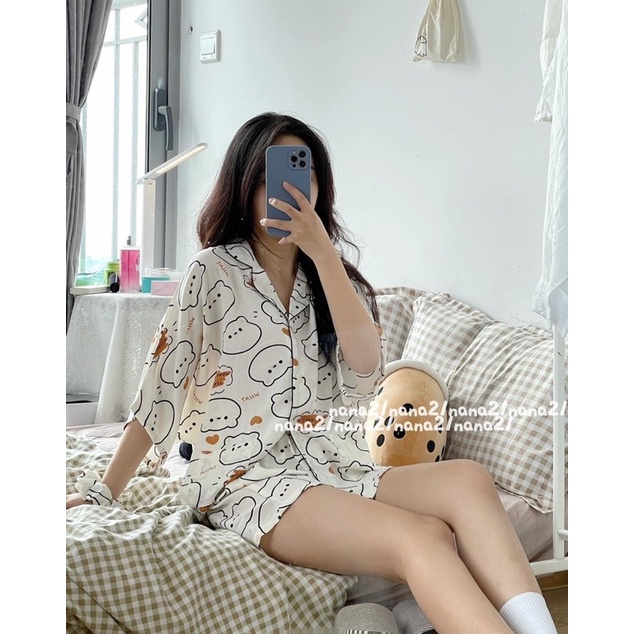 Bộ pijama cộc tay in hoạ tiết cute mặc ở nhà, bộ ngủ mặc mùa hè, set ngủ mặc ở nhà form vừa