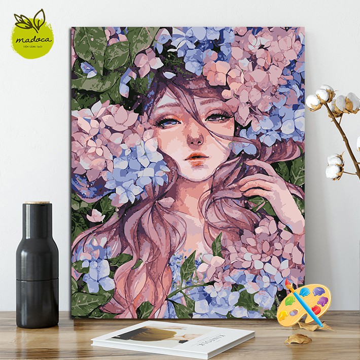 Tranh sơn dầu số hóa tự tô Nàng thơ cẩm tú cầu 350