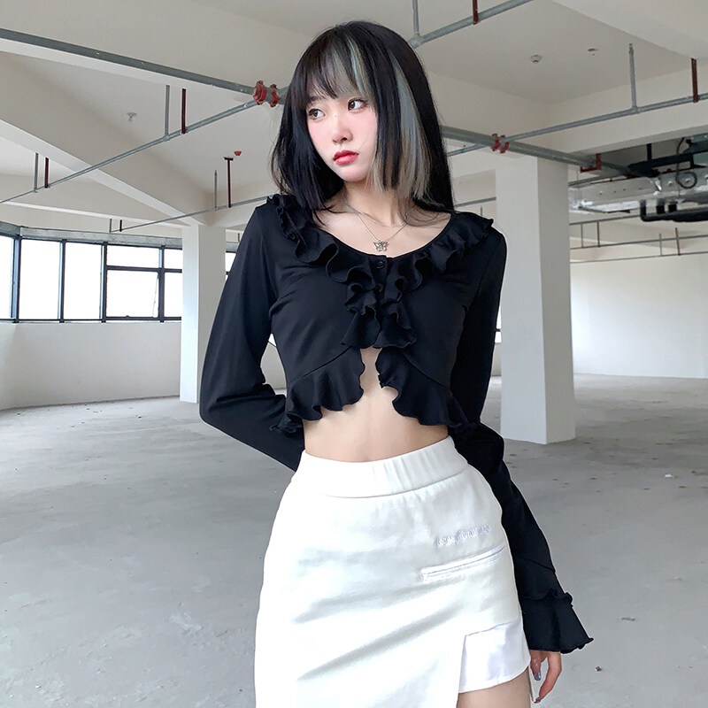 Kliou 2023 Mới vào mùa hè Áo Crop Top Tay Dài Loe Cổ Chữ V Phối Bèo Phong Cách Pháp Thanh Lịch Thời Trang 2022 M 'V O M A H