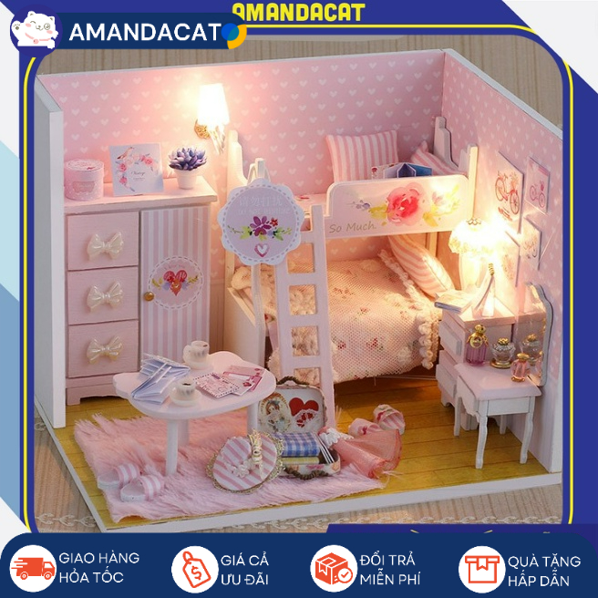 [Hàng sẵn] Mô hình phòng ngủ DIY nhà búp bê tự lắp ráp có đèn LED trang trí, Các chi tiết nhỏ vô cùng tinh xảo