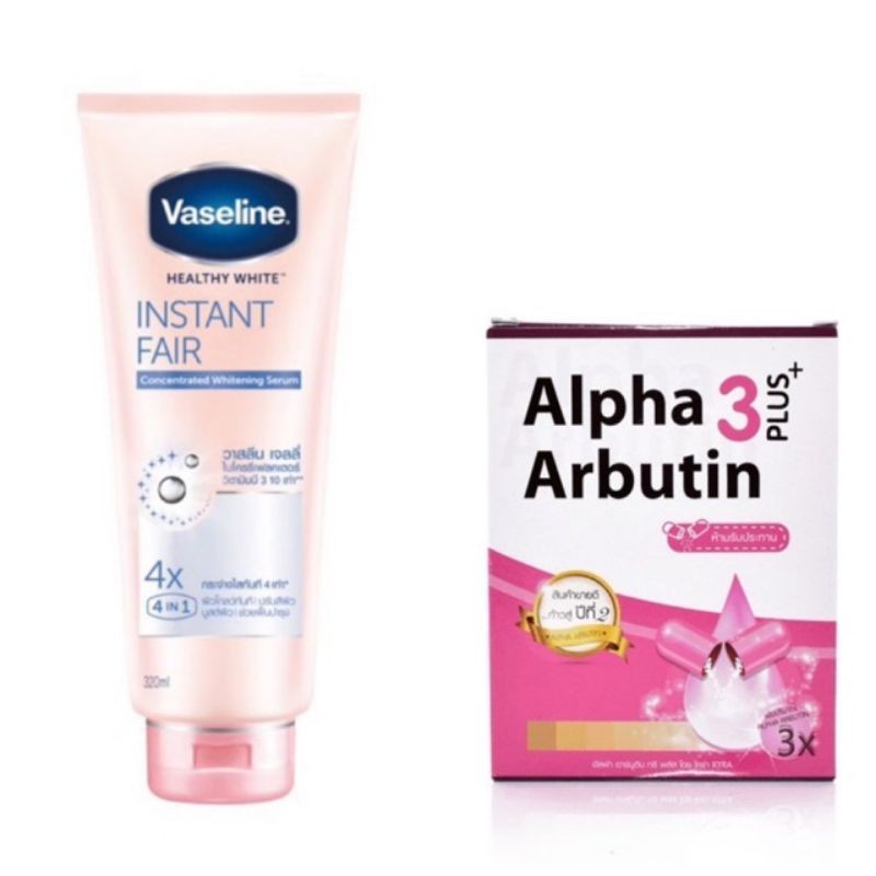 Combo dưỡng trắng da Vaseline 50X 320ML và viên kích trắng da Alpha Arbutin chính hãng (Thái Lan)