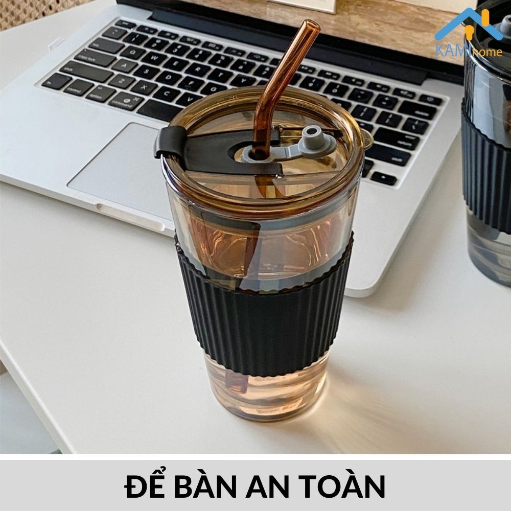 Ly thủy tinh có nắp và ống hút chịu nhiệt nóng lạnh cỡ 450ml KM22051