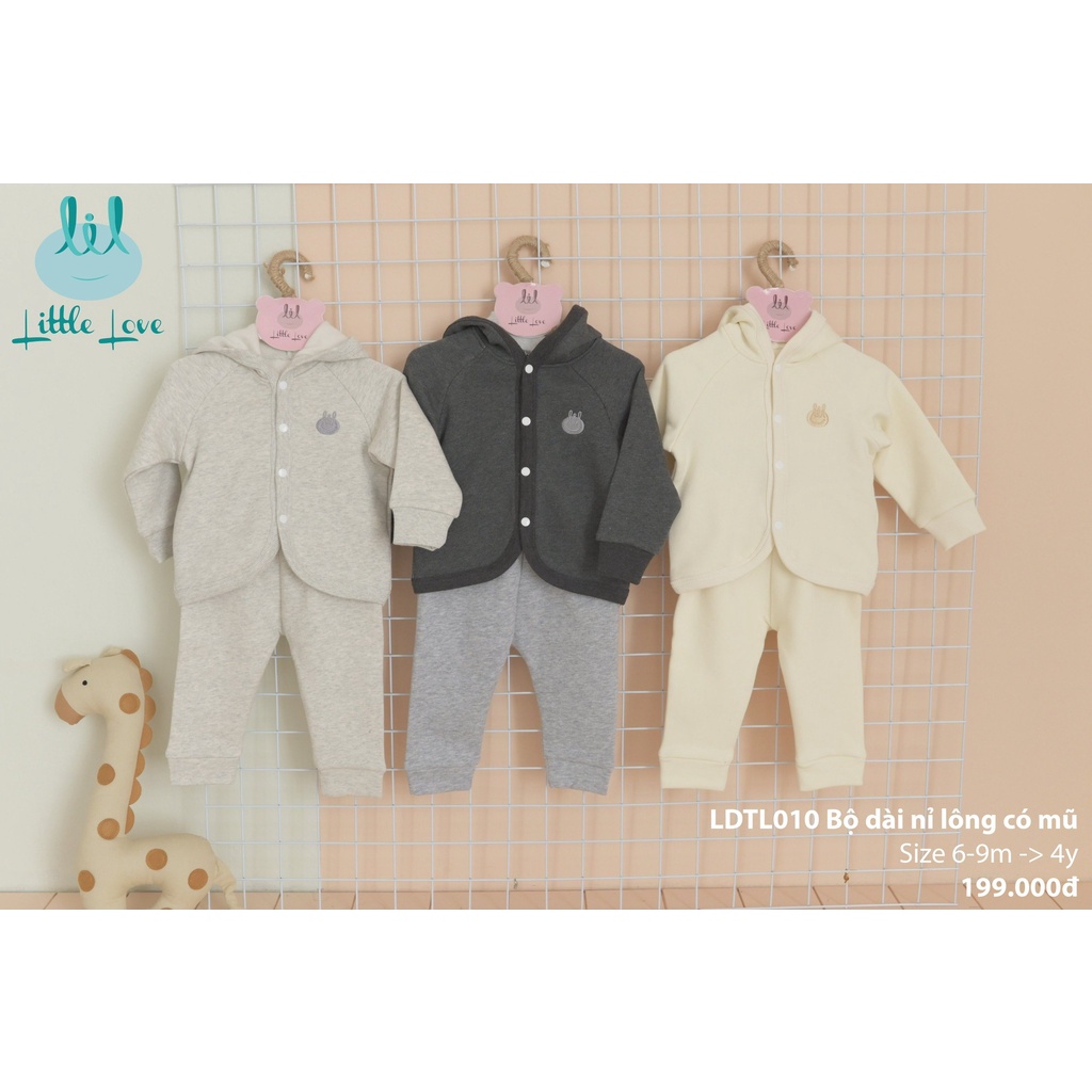 Bộ quần áo dài tay nỉ lông có mũ cho trẻ từ 6m đến 4y little love (LDTL01)