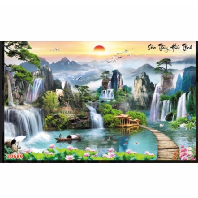 Combo 2 bức tranh dán tường 3D tranh sơn thuỷ in vải lụa 1m6 x 1m2