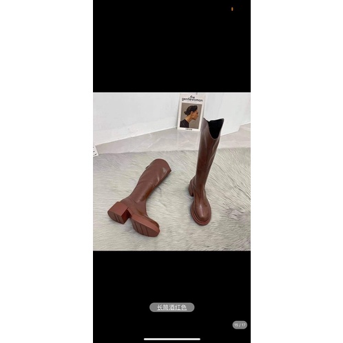 Giày boots boot bốt da lì đùi nữ cổ cao cổ thấp gót đế vuông viền lượn sóng xẻ cao bồi
