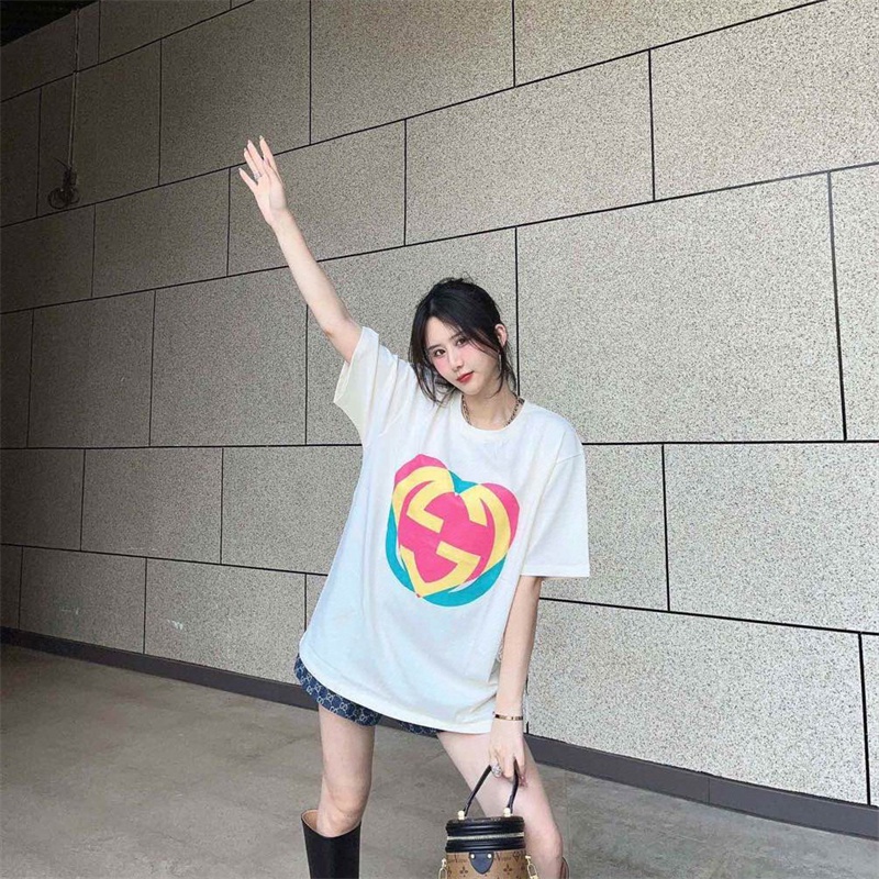 Gu Fun Áo Thun Tay Ngắn In Hình Trái Tim Đôi Màu Cổ Điển Thoải Mái Thân Thiện Với Làn Da Thời Trang Mùa Hè Cho Cặp Đôi