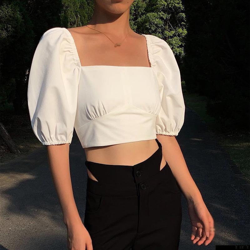 Áo crop top chiffon tay ngắn cổ vuông màu trơn phong cách Hàn Quốc thời trang cho