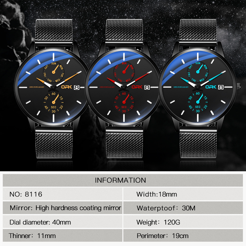 Watch Men OPK 8116 Quartz Waterproof Original Sports Business Stainless Steel Belt Ultra-thin Calendar Luminous