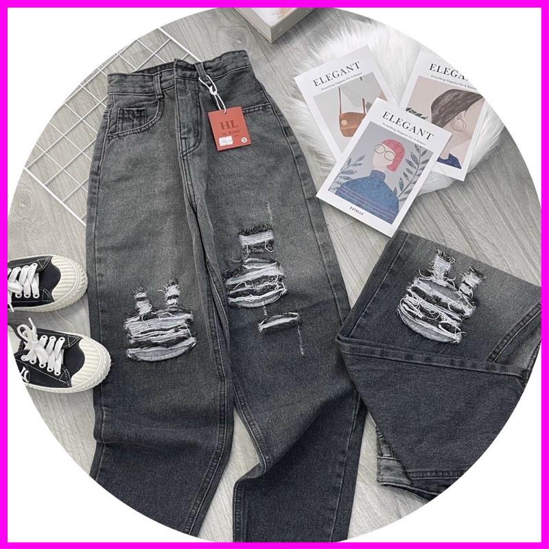 Quần jean baggy nữ rách 2 bên màu xám loang mẫu mới HeLi Jeans
