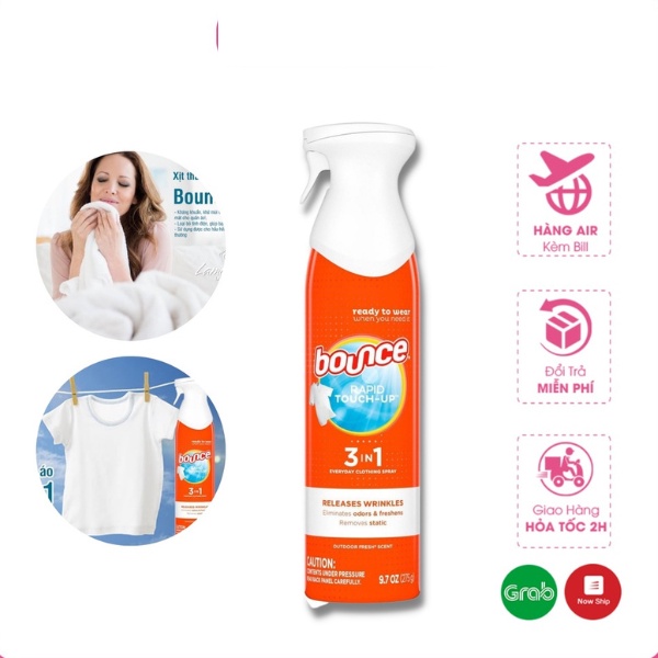 Chai Xịt Thơm Làm Phẳng Quần Áo Bounce Rapid Touch-Up 3 In 1 275g, Giấy Thơm Bounce 160 tờ