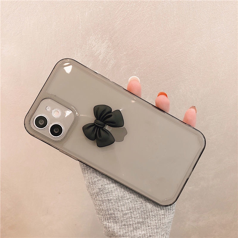 Ốp điện thoại trong suốt họa tiết nơ 3d màu đen cho iPhone 7/7p/8/8p/x/xs/xr/xsmax/11/12/13/pro/promax