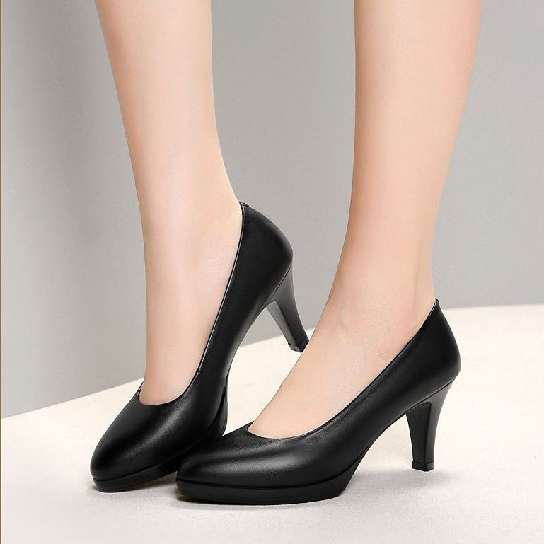 New product round-toe professional shoes women's mid-heel thick heel work shoes leather shoes work shoes soft leather comfortable formal dress etiquette high heels