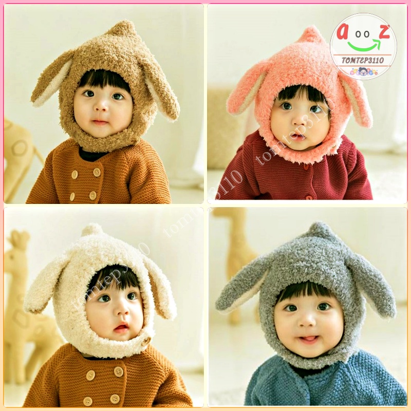 Mũ Len Lông Cừu Tai Thỏ, Mũ Len Trùm Đầu Có Cúc Chất Siêu Mềm Và Ấm Cho Bé 6-36 Tháng