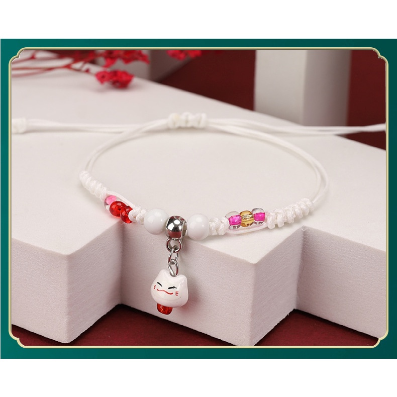 Vòng Tay EBI Gốm Tráng Men Mèo Nhỏ May Mắn Chiêu Tài Maneki Neko Dây Rút