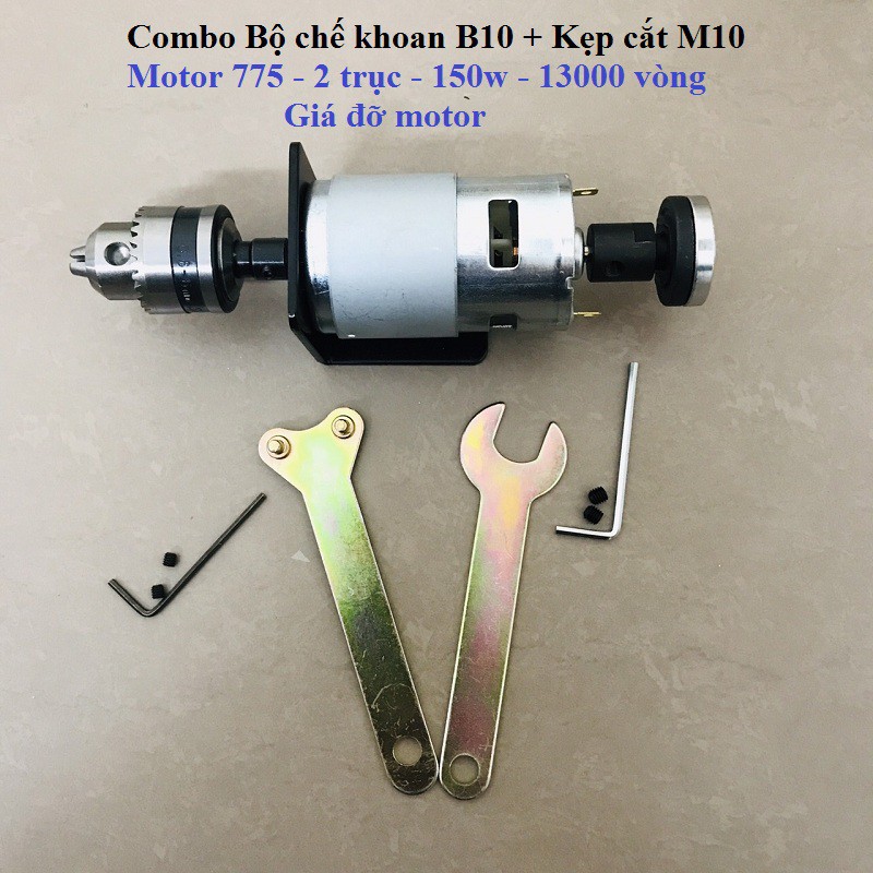 Motor 775,795 200w hai trục dài Chế khoan,cắt kèm giá đỡ phụ kiện đây đủ