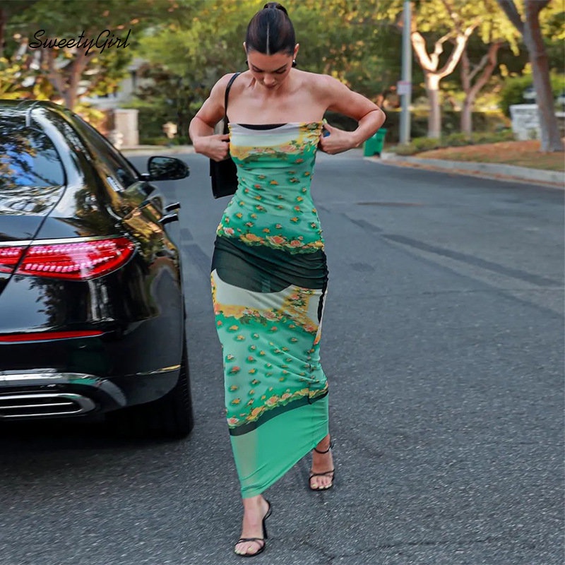 Đầm Maxi Không Tay Hở Vai Ôm Eo In Hoa Nhiều Màu Sắc Thời Trang 2022 Cho Nữ