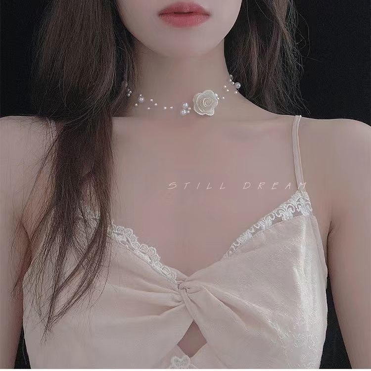 Dây Chuyền Ngọc Trai Hoa Hồng Siêu Cổ Tích Lãng Mạn Kiểu Pháp Cổ Điển