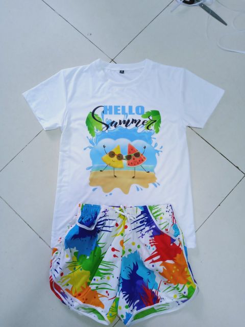 set gia đình đi biển áo hello summer quần cây dừa vải Thái siêu mềm , giá siêu rẻ