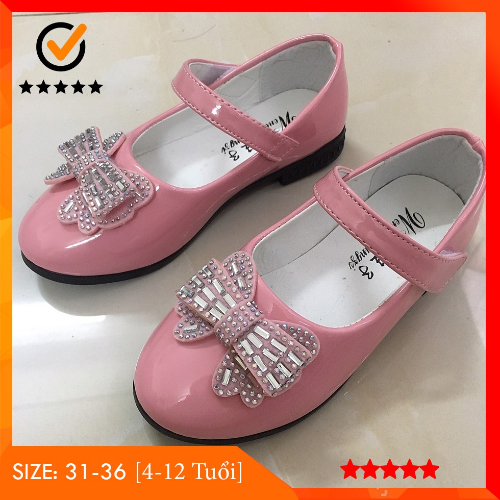[Giày Công Chúa] Giày Búp Bê Cho Bé 6-10 Tuổi Màu Hồng Phấn Cực Yêu Với Nơ Đính Đá Mũi Giày Style Korea Kid Shoes
