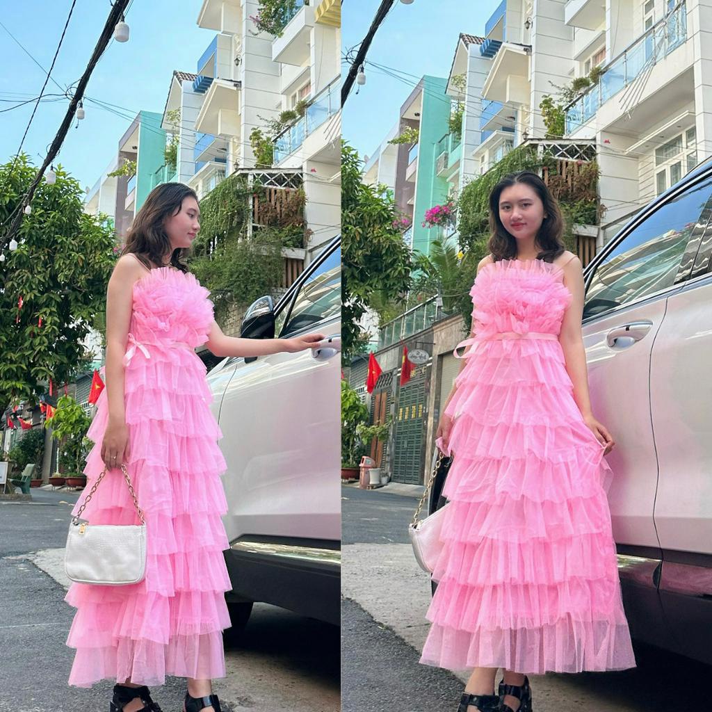 Váy Maxi Tầng Lưới tiểu thư voan tơ 2 dây Có Mút Ngực - đầm Nữ trễ vai công chúa phong cách ulzzang hàn quốc G5
