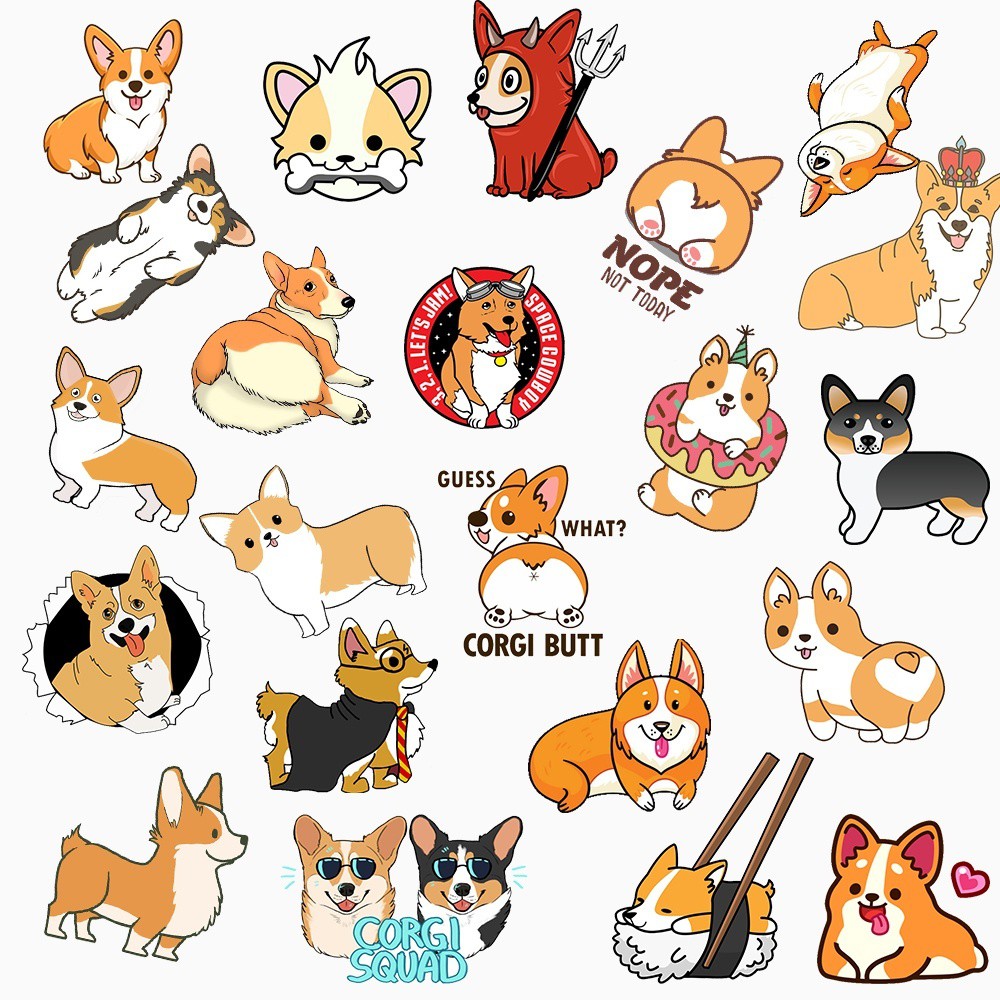 Set 50 Miếng Dán Hình Chó Husky Corgi Chống Thấm Nước