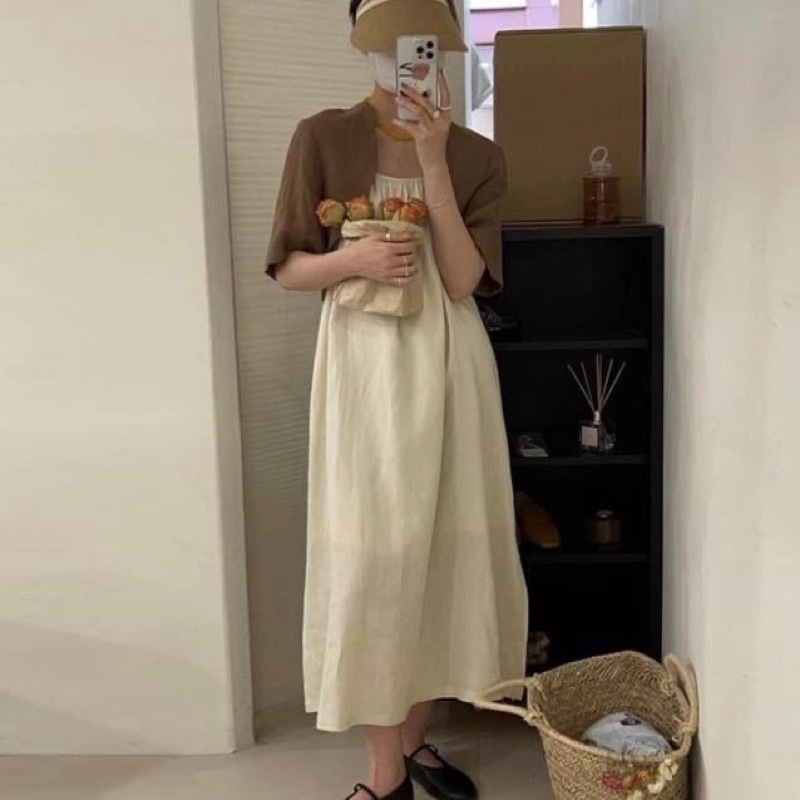 Đầm hai dây maxi kiểu dài nữ dáng suông lưng đan dây chéo trắng và áo khoác blazer tay ngắn croptop - Order taobao