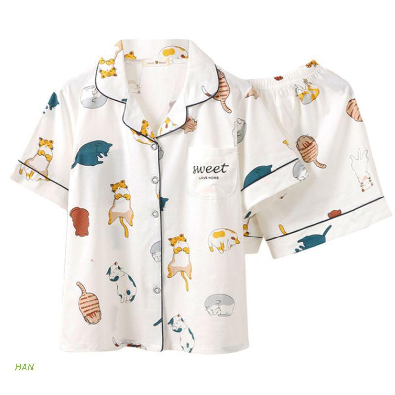 Bộ Đồ Ngủ Cotton Tay Ngắn In Hình Mèo Dễ Thương Thời Trang Mùa Hè Cho Nữ