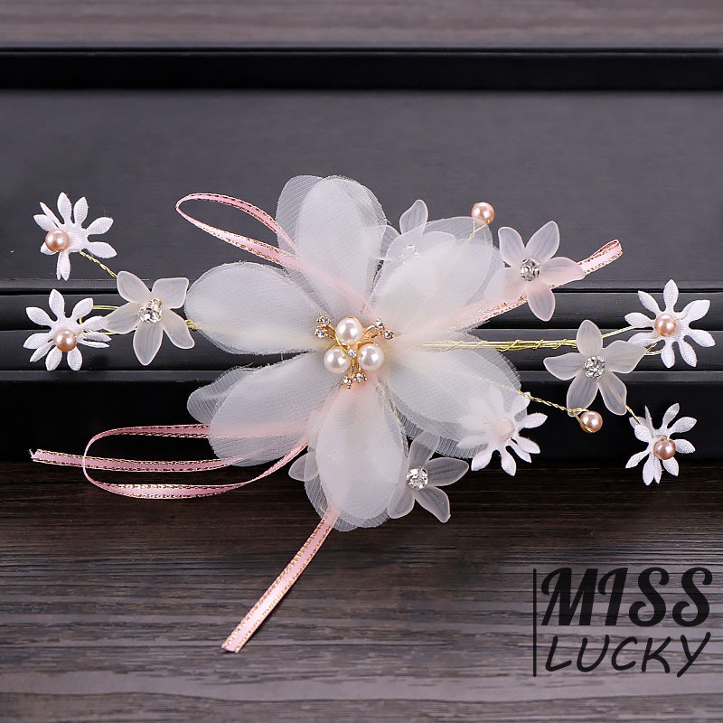 Phụ kiện cài tóc hoa đính ngọc trai hồng sang trọng cho cô dâu