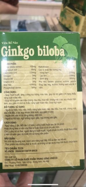 VIÊN UỐNG BỔ NÃO GINGKO BILOBA (hộp 100 viên )