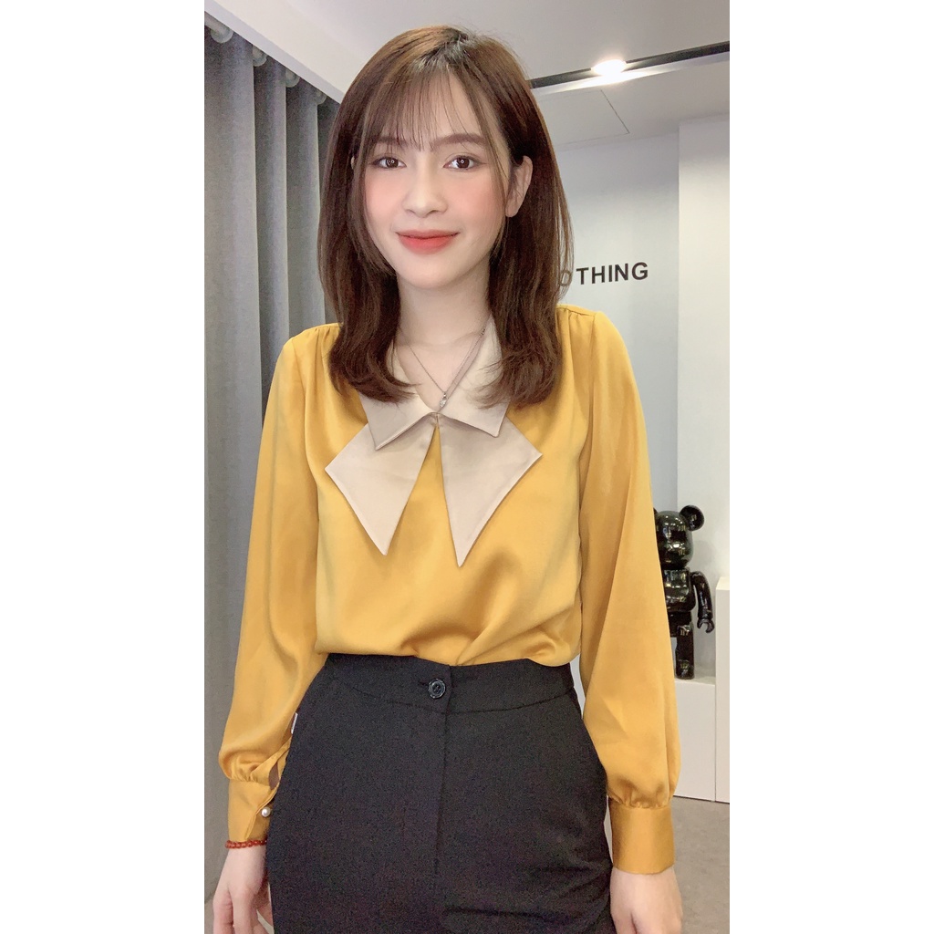Áo kiểu nữ màu vàng mix cổ nơ dài tay chất vải lụa mặc mát ít nhăn dễ mix đồ Liin Clothing A2266
