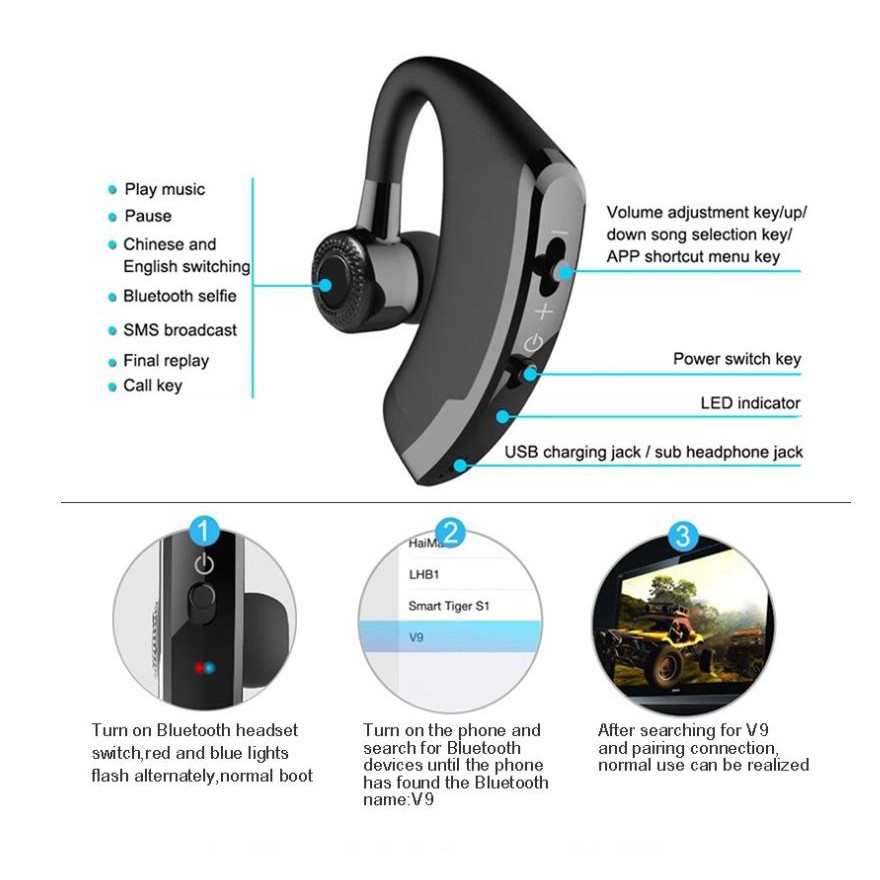 Tai nghe bluetooth V9 rảnh tay tai nghe bluetooth tai nghe bluetooth không dây với micrô trình điều khiển thể thao