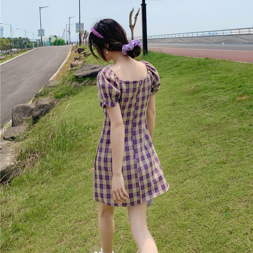 Váy nữ , váy đầm nữ váy kẻ sọc caro dáng ngắn chữ A tay bồng nữ tính ATILA SHOP | BigBuy360 - bigbuy360.vn