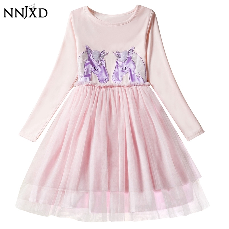 NNJXD Đầm công chúa họa tiết kỳ lân tay dài dễ thương cho bé gái