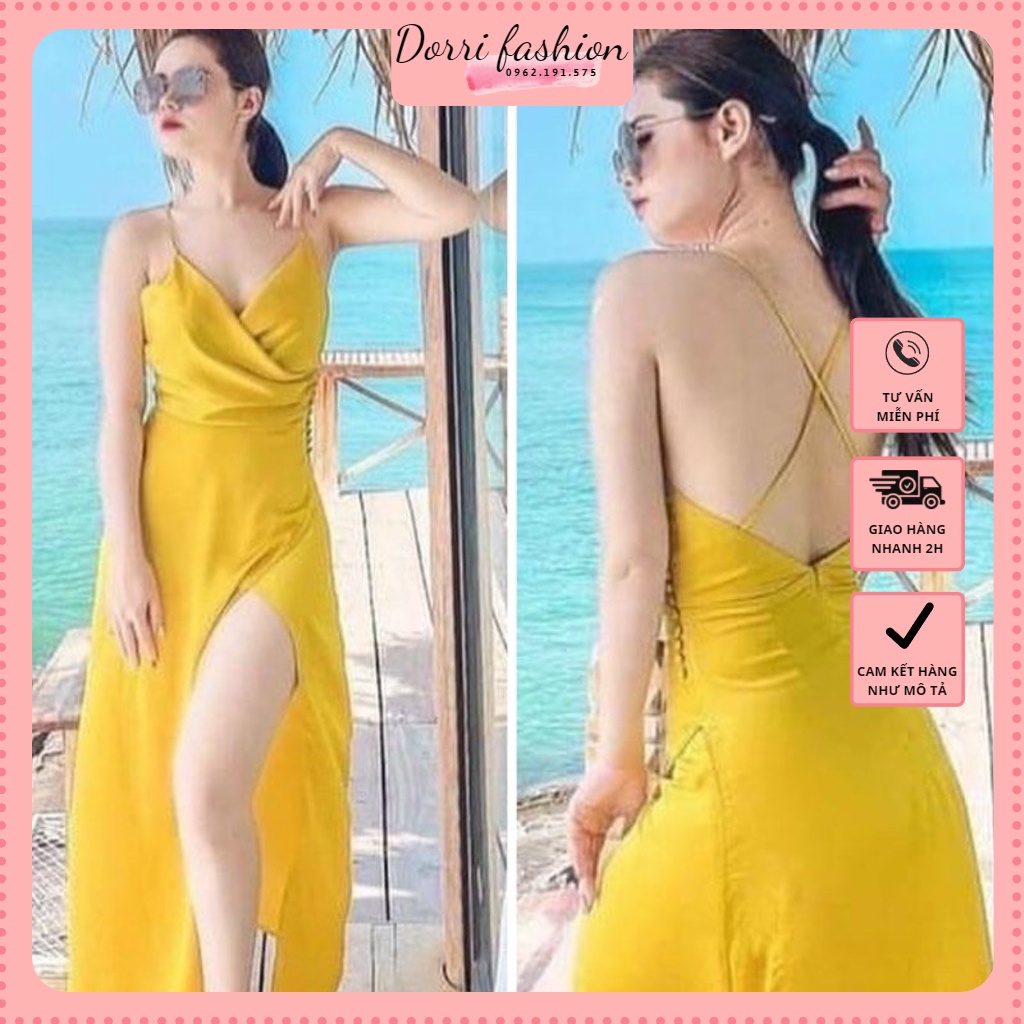Váy Đầm Maxi Đi Biển Nút Eo Xẻ Tà - Váy 2 Dây Dự Tiệp Quyến Rũ