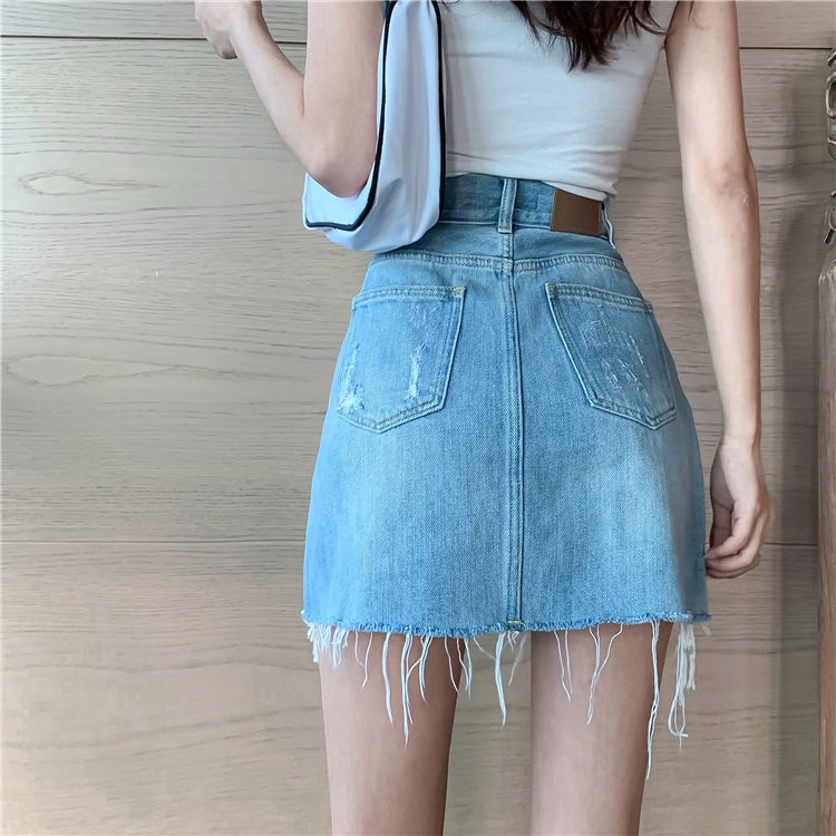 COZOK Chân váy jean Lưng Cao Phối Rách Hợp Thời Trang Cho Nữ