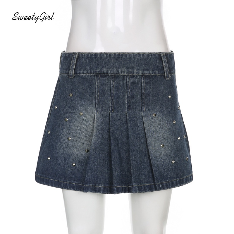 Chân váy jean Lưng Thấp Đính Đinh Tán Phối Khóa Kéo Thời Trang Cho Nữ 2022