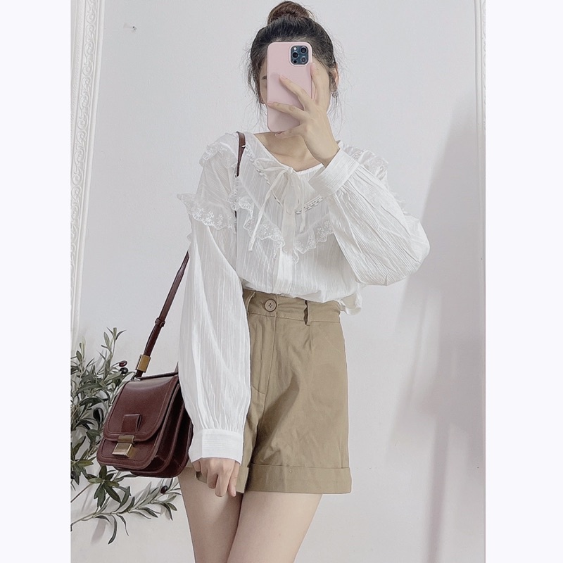 Áo sơ mi nữ trắng ren thô mềm cực xinh