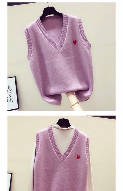 Áo gile len không tay cổ trái tim dáng uzlang cực yêu với trái tim ở ngực | BigBuy360 - bigbuy360.vn