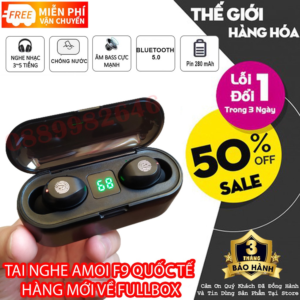 Tai nghe Bluetooth AMOI F9 Bản QUỐC TẾ | nút cảm ứng | Bluetooth 5.0 | Pin 280 giờ | sạc dự phòng