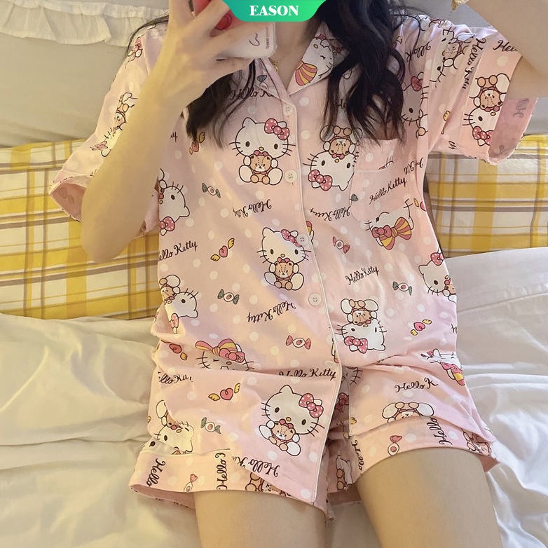 SANRIO Bộ Đồ Ngủ Ngắn Tay Họa Tiết Hello Kitty Dễ Thương Dành Cho Nữ