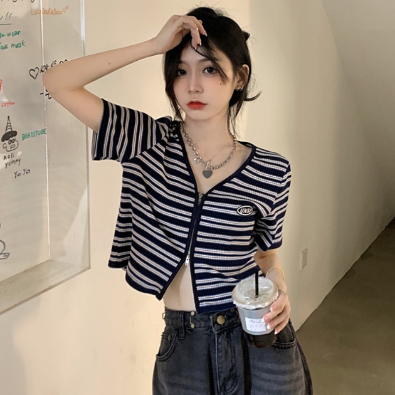 Áo Cardigan Dệt Kim Tay Ngắn Cổ Chữ V Phối Khóa Kéo Thời Trang