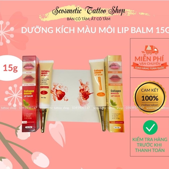 Dưỡng kích màu môi Collagen Lip Balm, son dưỡng có màu sau phun xăm thẩm mỹ ,check mã-Usa 15gram