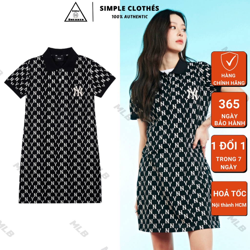 VÁY MLB POLO WOMEN'S MONOGRAM COLLAR DRESS 🔥CHÍNH HÃNG🔥Đầm Váy Polo Suông Dáng Dài (3FOPM0223) - SIMPLE SNEAKER