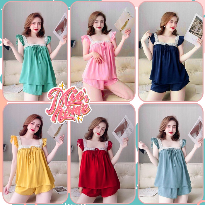 Đồ bộ mặc nhà ngủ đùi ngắn nữ, lụa satin mát mịn-Mie