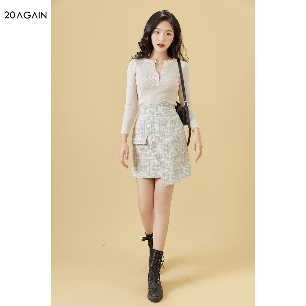 Áo len nữ ôm boby dài tay 20AGAIN, cổ tròn cúc cài, co giãn ALA0060