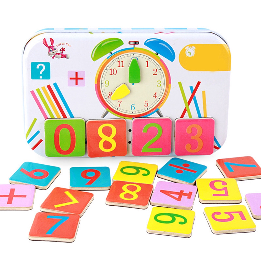 Hộp khối gỗ/ que tính và đồng hồ hỗ trợ học toán cho bé mầm non