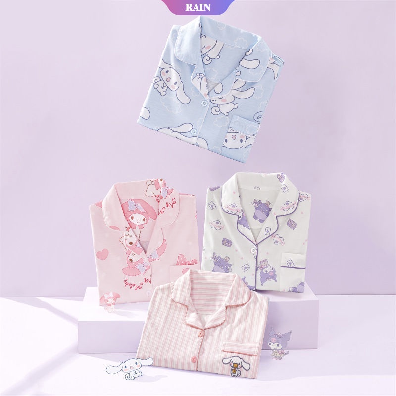 SANRIO Bộ Đồ Ngủ Tay Ngắn In Họa Tiết Hoạt Hình Kuromi Dễ Thương Thời Trang Mùa Hè Cho Nữ
