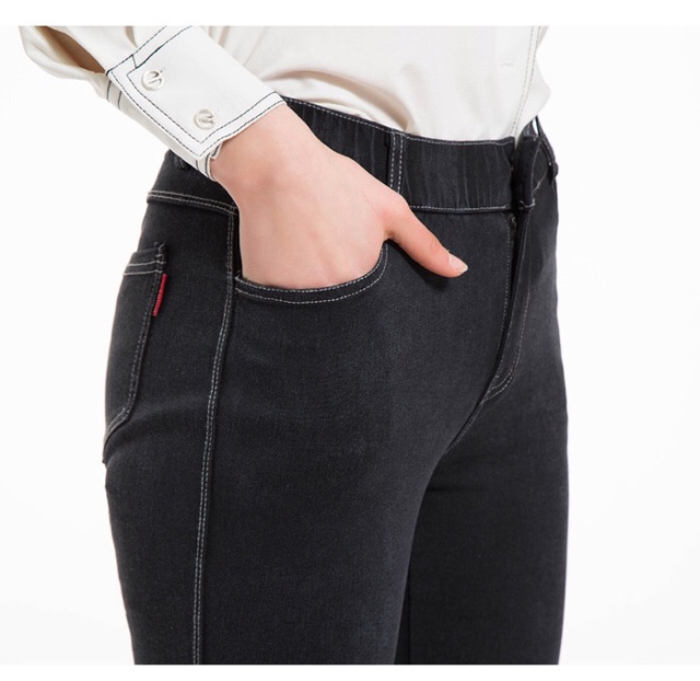 Quần skinny big size jean thun đen trơn viền chỉ trắng size 70-80kg
