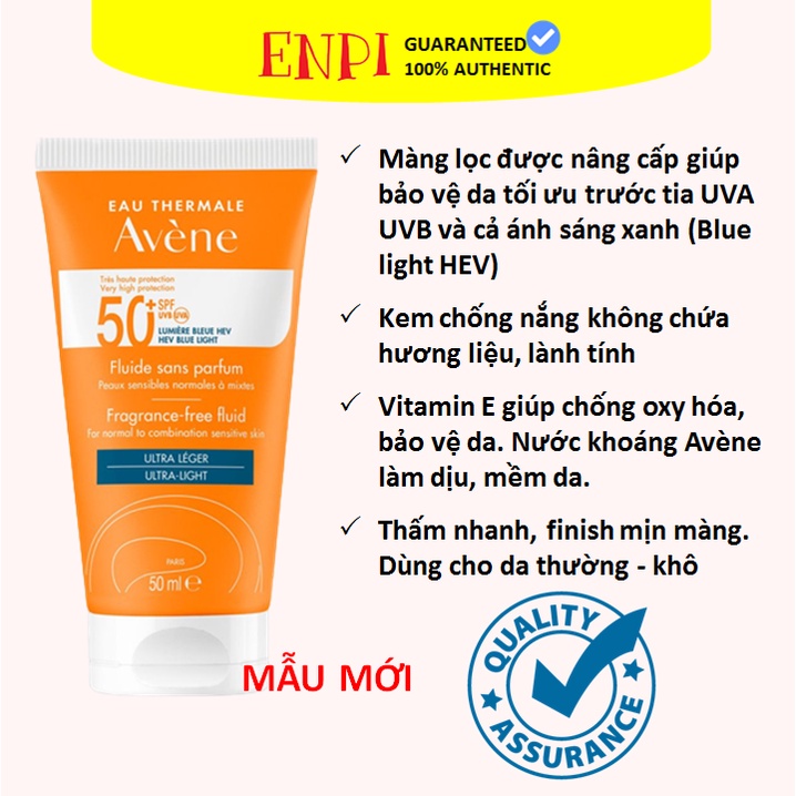 Kem chống nắng Avene Dry Touch Fluide SPF50+ 50ml